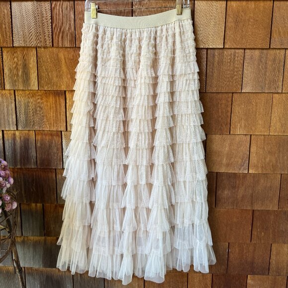 VTG Ruffled Tulle Latte Midi Skirt with Elastic Waist in Women's Large - Picture 1 of 7